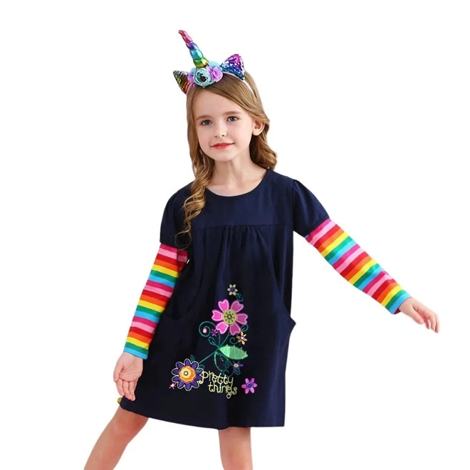 Additional Image for Girls` Colourful Pretty Flower Dress Long-Sleeved A-Line Style