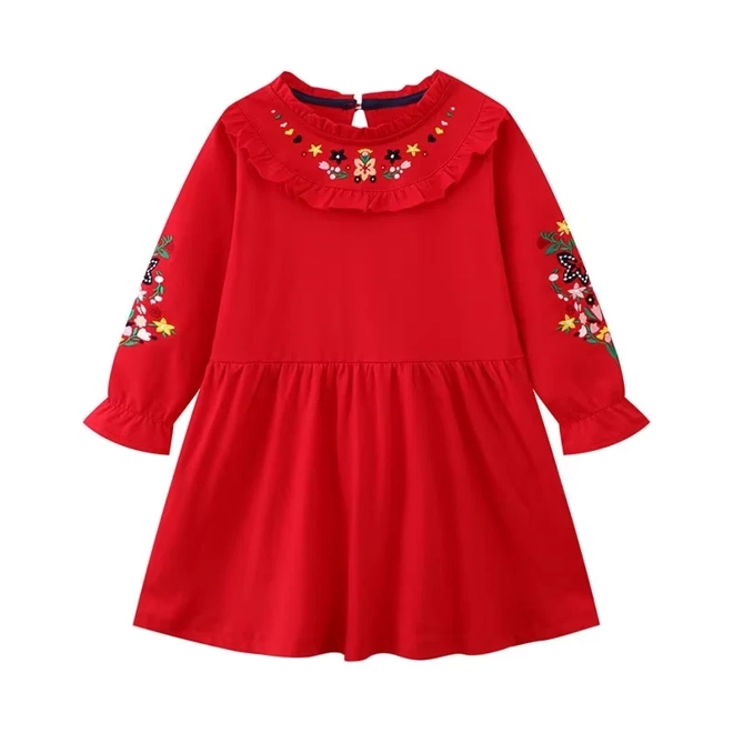 product Image for Baby Girls` Long Sleeves Flower Embroidery Red Dress