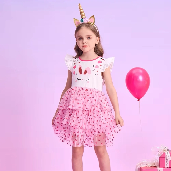Additional Image for Girls` Dress Rabbit Ear Kids Princess Wear Heart Print