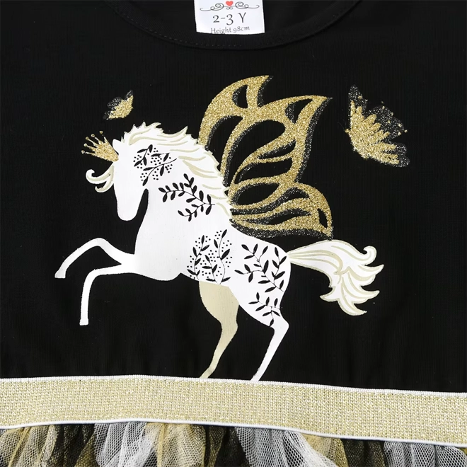 Additional Image for Girls Black & Gold Unicorn Dress Long Sleeve Tulle Tutu Party