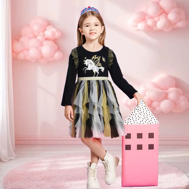 Additional Image for Girls Black & Gold Unicorn Dress Long Sleeve Tulle Tutu Party