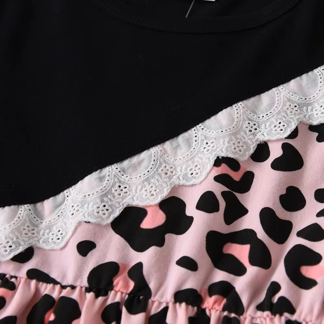 Additional Image for Girls Long Sleeve Dress Pink Black Leopard Print A-Line Casual