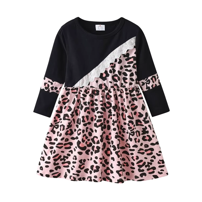 Additional Image for Girls Long Sleeve Dress Pink Black Leopard Print A-Line Casual