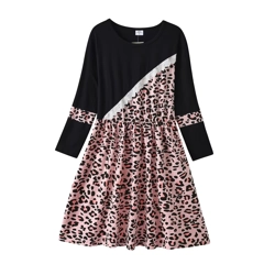 Girls Long Sleeve Dress Pink Black Leopard Print A-Line Casual