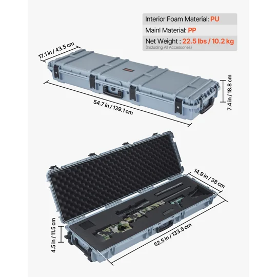 VEVOR Hard Rifle Case, Lockable Rifle Case with Pre-cut Foams, 52 in Gun Storage with Wheels, Heavy 