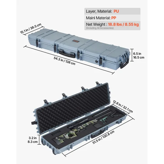 VEVOR Hard Rifle Case, Lockable Rifle Case with Pre-cut Foams, 50 in Movable Gun Storage with Wheels