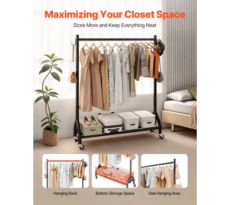 VEVOR Clothes Rack, Rolling Clothing Garment Rack with Hanging Rod and Side Hooks, 198 lbs Load Capa