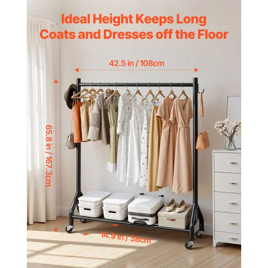 VEVOR Clothes Rack, Rolling Clothing Garment Rack with Hanging Rod and Side Hooks, 198 lbs Load Capa