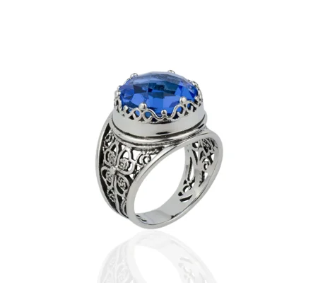 Filigree Art Blue Quartz Gemstone Women Crown Silver Statement Ring