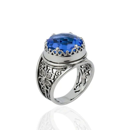 Filigree Art Blue Quartz Gemstone Women Crown Silver Statement Ring