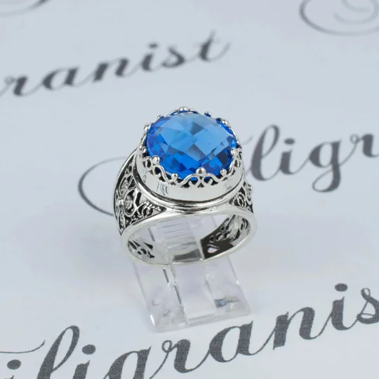 Filigree Art Blue Quartz Gemstone Women Crown Silver Statement Ring