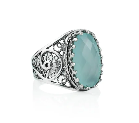 Filigree Art Aqua Chalcedony Gemstone Women Oval Silver Cocktail Ring