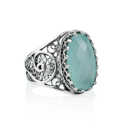 Filigree Art Aqua Chalcedony Gemstone Women Oval Silver Cocktail Ring