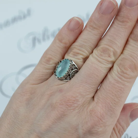 Filigree Art Aqua Chalcedony Gemstone Women Oval Silver Cocktail Ring