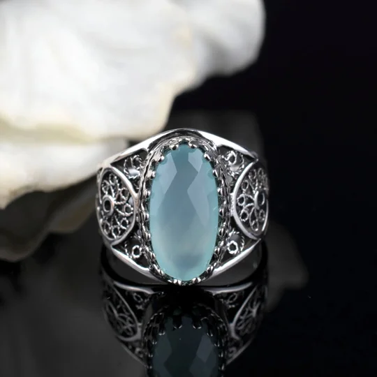 Filigree Art Aqua Chalcedony Gemstone Women Oval Silver Cocktail Ring