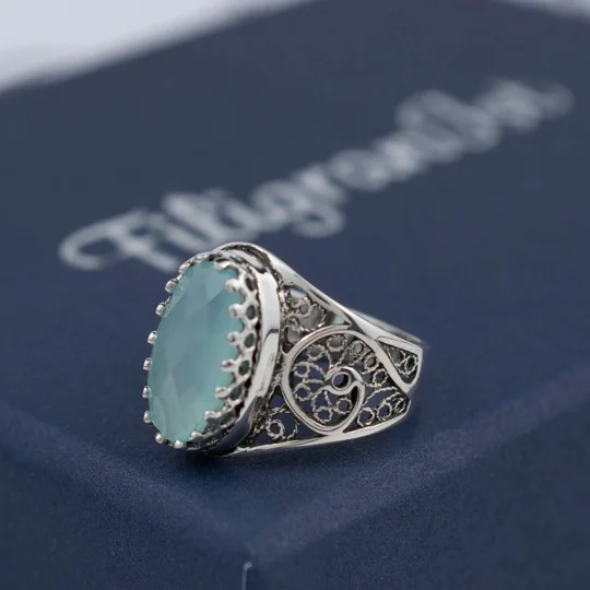 Filigree Art Aqua Chalcedony Gemstone Women Oval Silver Cocktail Ring