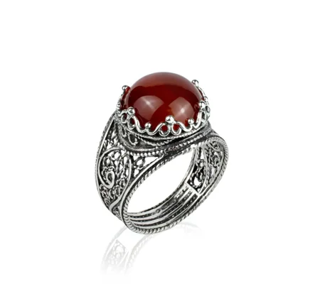 Filigree Art Carnelian Gemstone Crown Design Women Silver Statement Ring