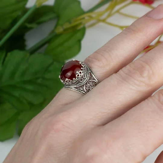 Filigree Art Carnelian Gemstone Crown Design Women Silver Statement Ring