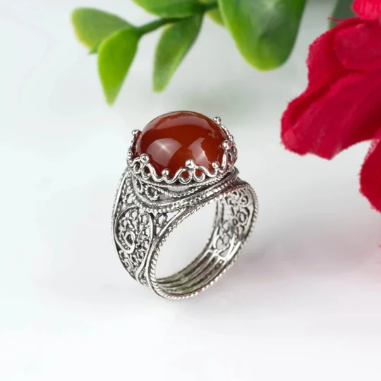 Filigree Art Carnelian Gemstone Crown Design Women Silver Statement Ring