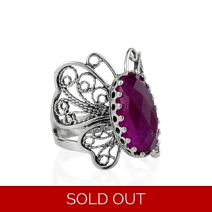 Filigree Art Ruby Corundum Gemstone Butterfly Design Women Silver Cocktail Ring