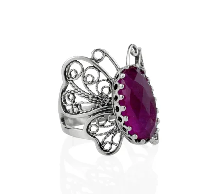 Filigree Art Ruby Corundum Gemstone Butterfly Design Women Silver Cocktail Ring