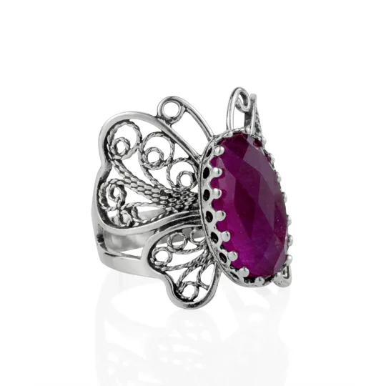Filigree Art Ruby Corundum Gemstone Butterfly Design Women Silver Cocktail Ring