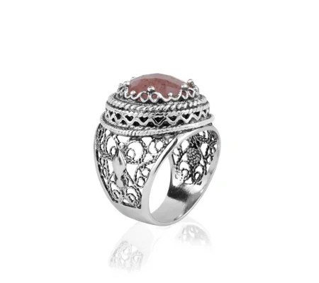 Filigree Art Cherry Quartz Gemstone Women Silver Bold Ring