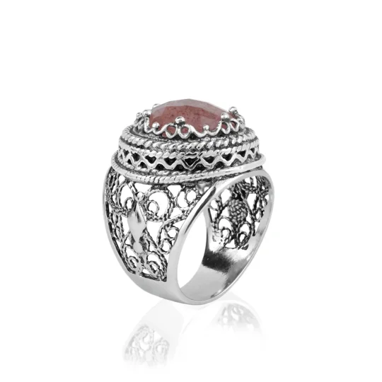 Filigree Art Cherry Quartz Gemstone Women Silver Bold Ring