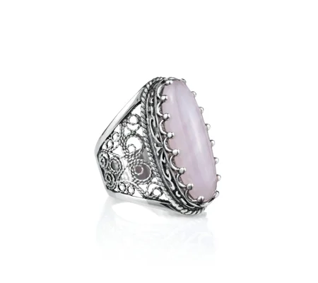 Filigree Art Rose Quartz Gemstone Women Silver Long Statement Ring