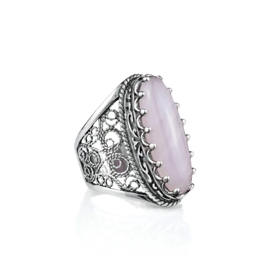 Filigree Art Rose Quartz Gemstone Women Silver Long Statement Ring