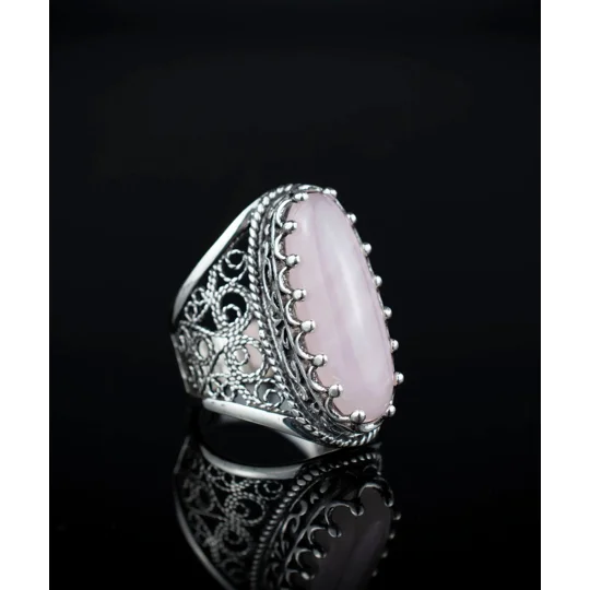 Filigree Art Rose Quartz Gemstone Women Silver Long Statement Ring