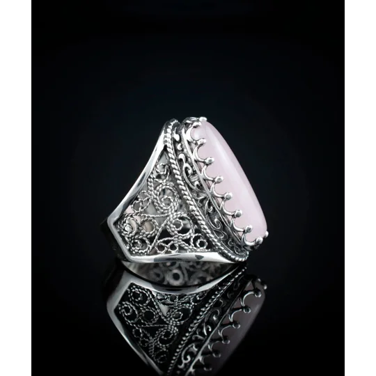 Filigree Art Rose Quartz Gemstone Women Silver Long Statement Ring