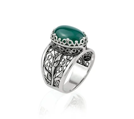 Filigree Art Green Agate Gemstone Tulip Detailed Silver Women Statement Ring