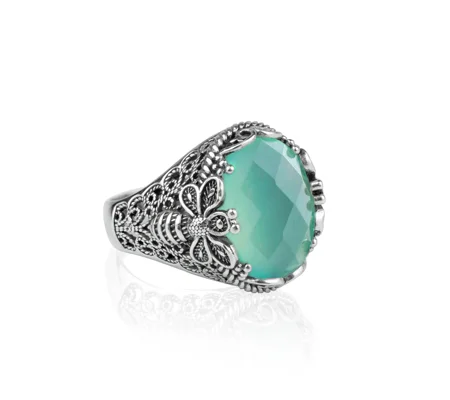 Filigree Art Bee Detailed Aqua Chalcedony Gemstone Women Silver Statement Ring