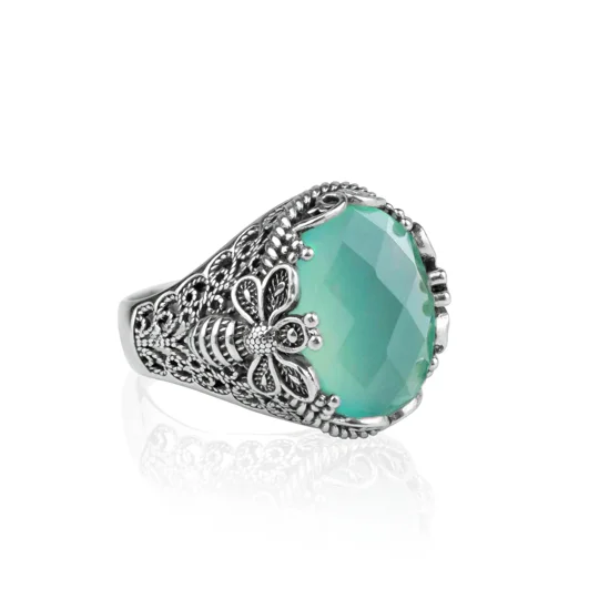Filigree Art Bee Detailed Aqua Chalcedony Gemstone Women Silver Statement Ring