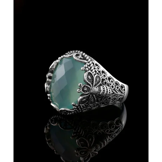 Filigree Art Bee Detailed Aqua Chalcedony Gemstone Women Silver Statement Ring