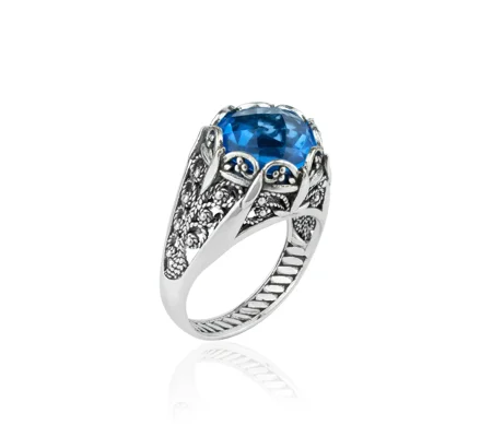 Filigree Art Blue Quartz Gemstone Women Silver Cocktail Ring