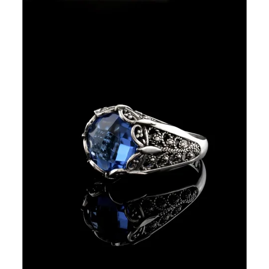 Filigree Art Blue Quartz Gemstone Women Silver Cocktail Ring