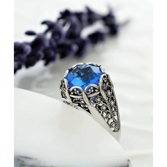 Filigree Art Blue Quartz Gemstone Women Silver Cocktail Ring