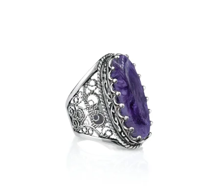Filigree Art Charoite Gemstone Women Silver Long Statement Ring