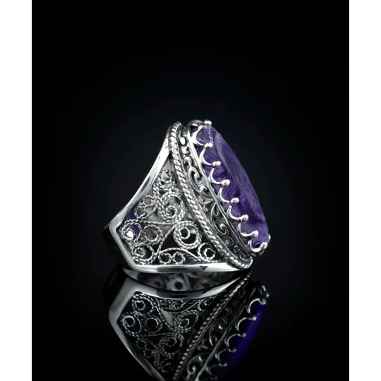 Filigree Art Charoite Gemstone Women Silver Long Statement Ring