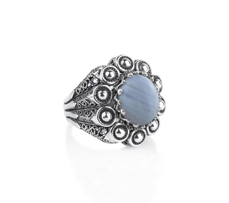 Filigree Art Blue Lace Agate Gemstone Women Statement Dome Ring