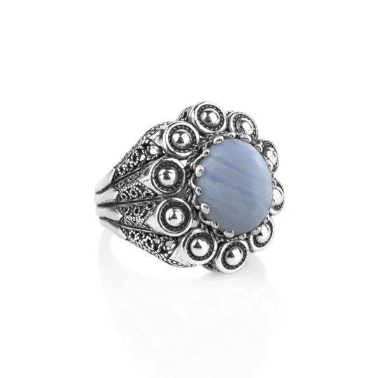 Filigree Art Blue Lace Agate Gemstone Women Statement Dome Ring