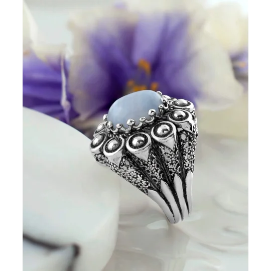 Filigree Art Blue Lace Agate Gemstone Women Statement Dome Ring