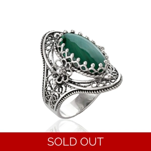 Malachite Gemstone Sterling Silver Women Statement Ring with Daisy Figures