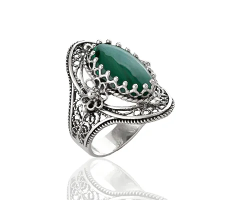 Malachite Gemstone Sterling Silver Women Statement Ring with Daisy Figures