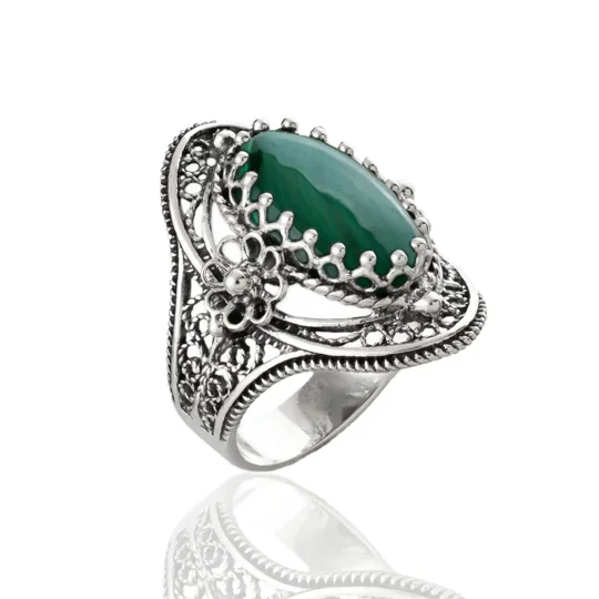 Malachite Gemstone Sterling Silver Women Statement Ring with Daisy Figures