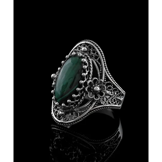 Malachite Gemstone Sterling Silver Women Statement Ring with Daisy Figures