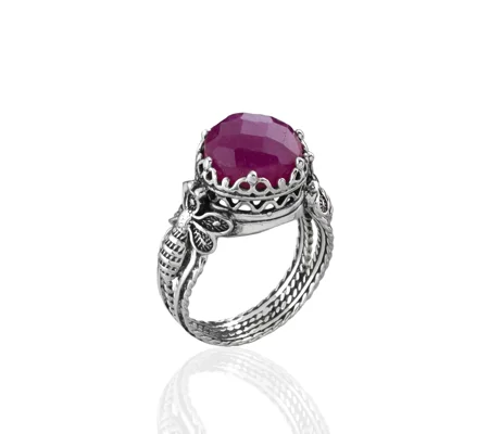 Bee Detailed Ruby Corundum Gemstone Filigree Art Women Silver Cocktail Ring