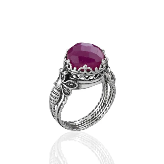 Bee Detailed Ruby Corundum Gemstone Filigree Art Women Silver Cocktail Ring